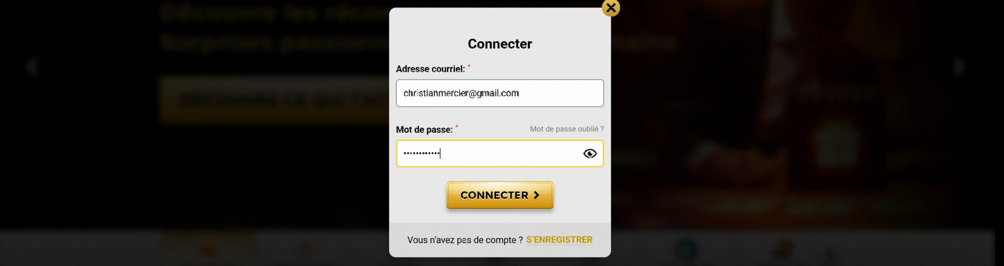 Interface de connexion mobile Win Unique Casino